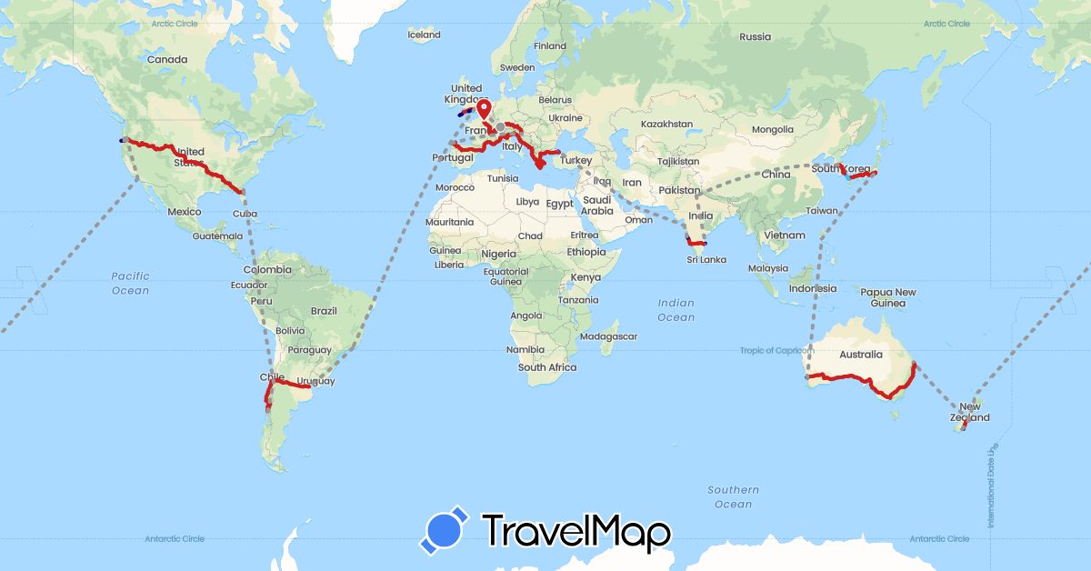 TravelMap itinerary: driving, plane, boat, running in Albania, Argentina, Austria, Australia, Brazil, Switzerland, Chile, Germany, Spain, France, United Kingdom, Greece, Croatia, India, Italy, Japan, South Korea, Montenegro, New Zealand, Philippines, Slovenia, Turkey, United States (Asia, Europe, North America, Oceania, South America)