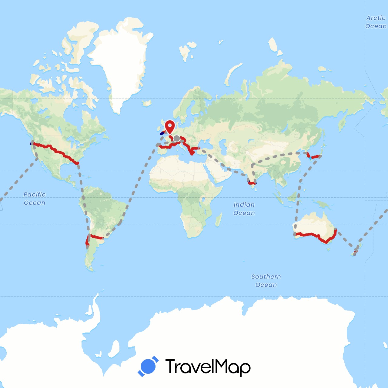 TravelMap itinerary: driving, plane, boat, running in Albania, Argentina, Austria, Australia, Brazil, Switzerland, Chile, Germany, Spain, France, United Kingdom, Greece, Croatia, India, Italy, Japan, South Korea, Montenegro, New Zealand, Philippines, Slovenia, Turkey, United States (Asia, Europe, North America, Oceania, South America)
